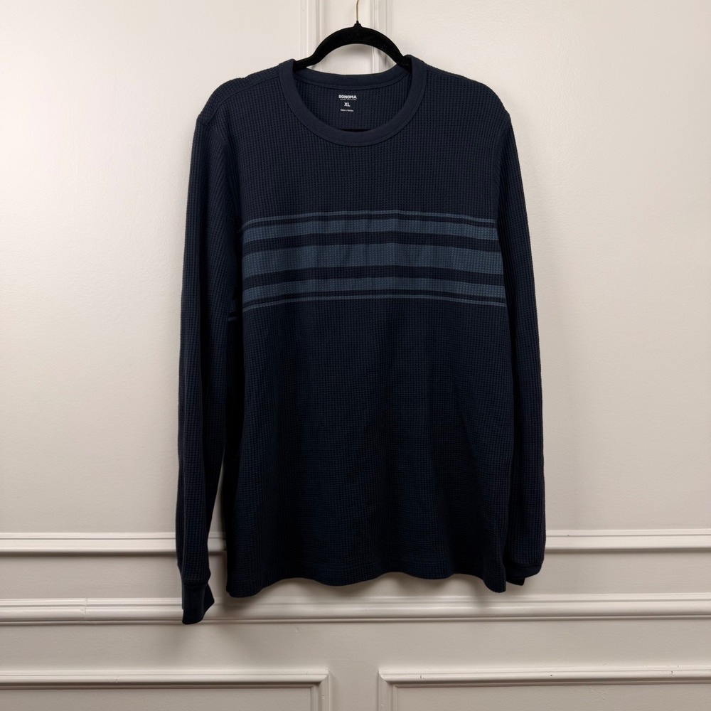 Sonoma Goods For Life Mens XL Navy Blue Waffle Knit Thermal Striped Shirt